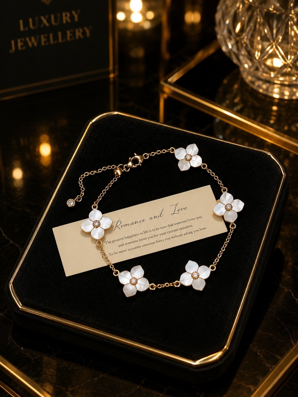 Gold Bracelet with White Floral Charms - Women Jewelry - Picture 4 of 5